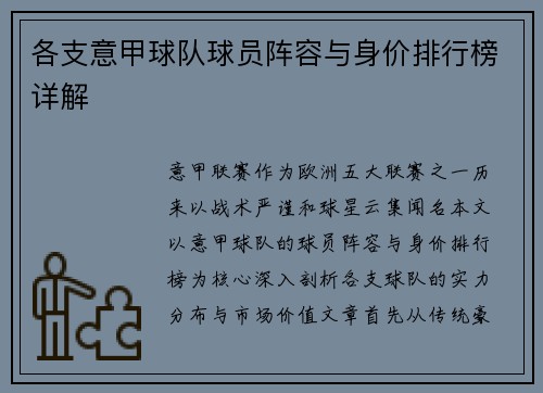 各支意甲球队球员阵容与身价排行榜详解